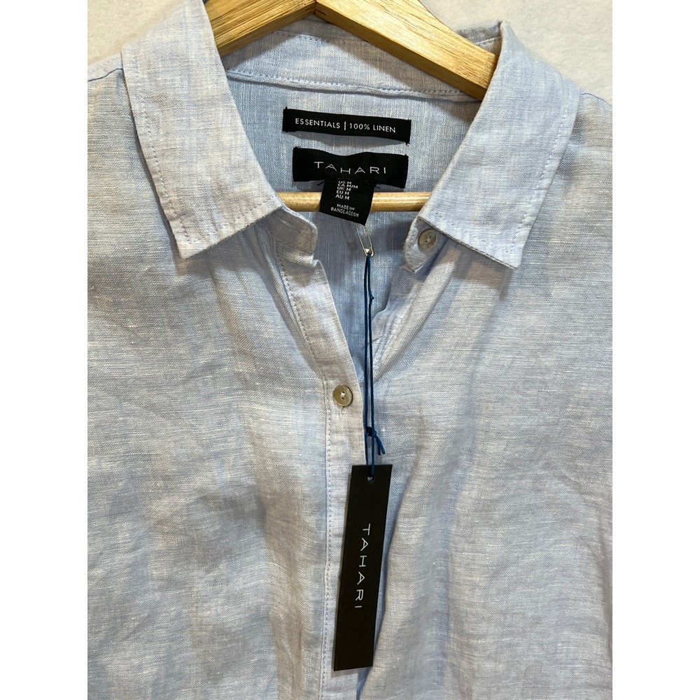 Tahari Linen Blend Shirt Tunic Top Womens Medium Blue Roll Tab Long Sleeve